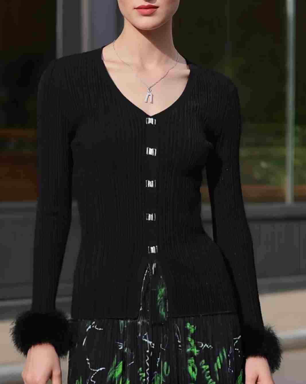 气质千金风V领针织秋季毛针织衫网红毛衣上衣