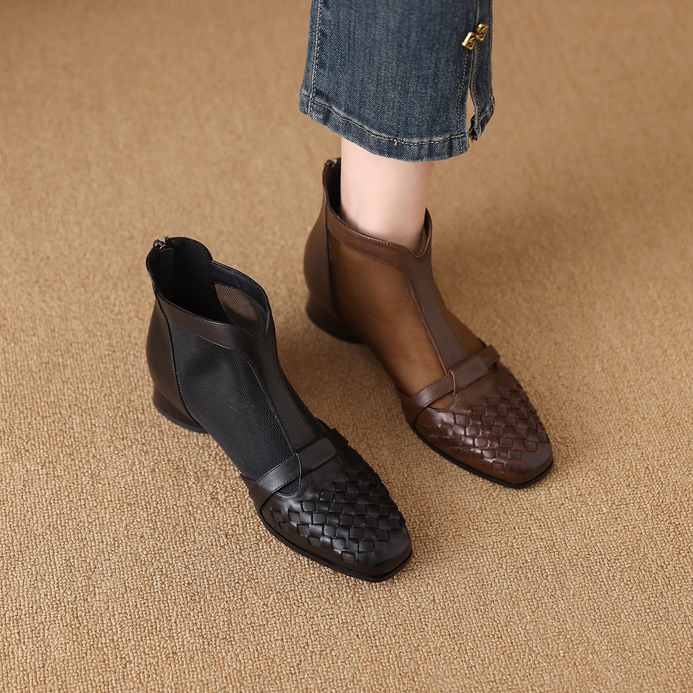1922-3真皮编织网靴复古方头粗跟气质百搭休闲凉靴包头凉鞋