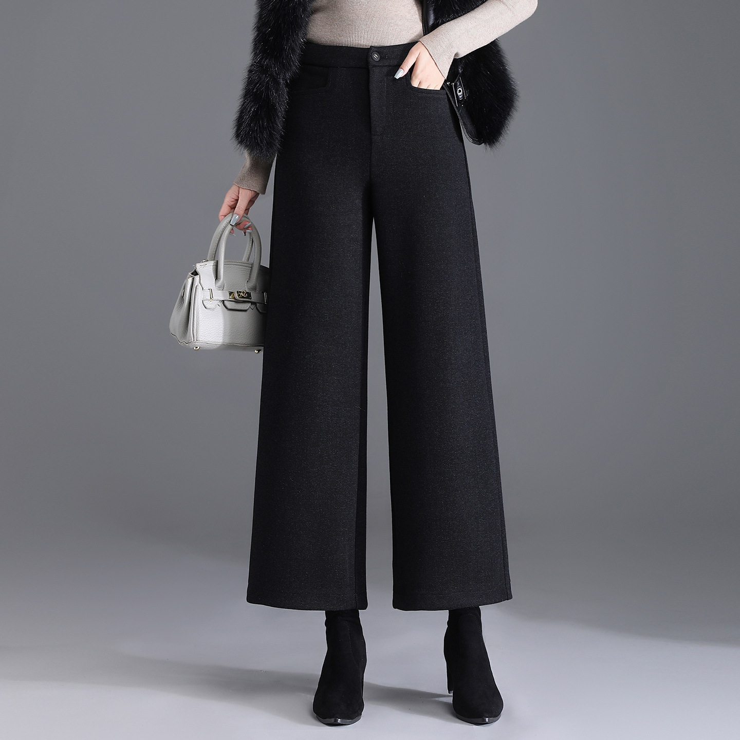 加厚羊毛呢阔腿裤女高腰2025新款秋冬时尚显瘦九分直筒裤