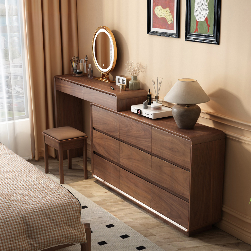 梳妆台卧室家用2025年最新款床尾斗柜实木简约伸缩一体实木梳妆台