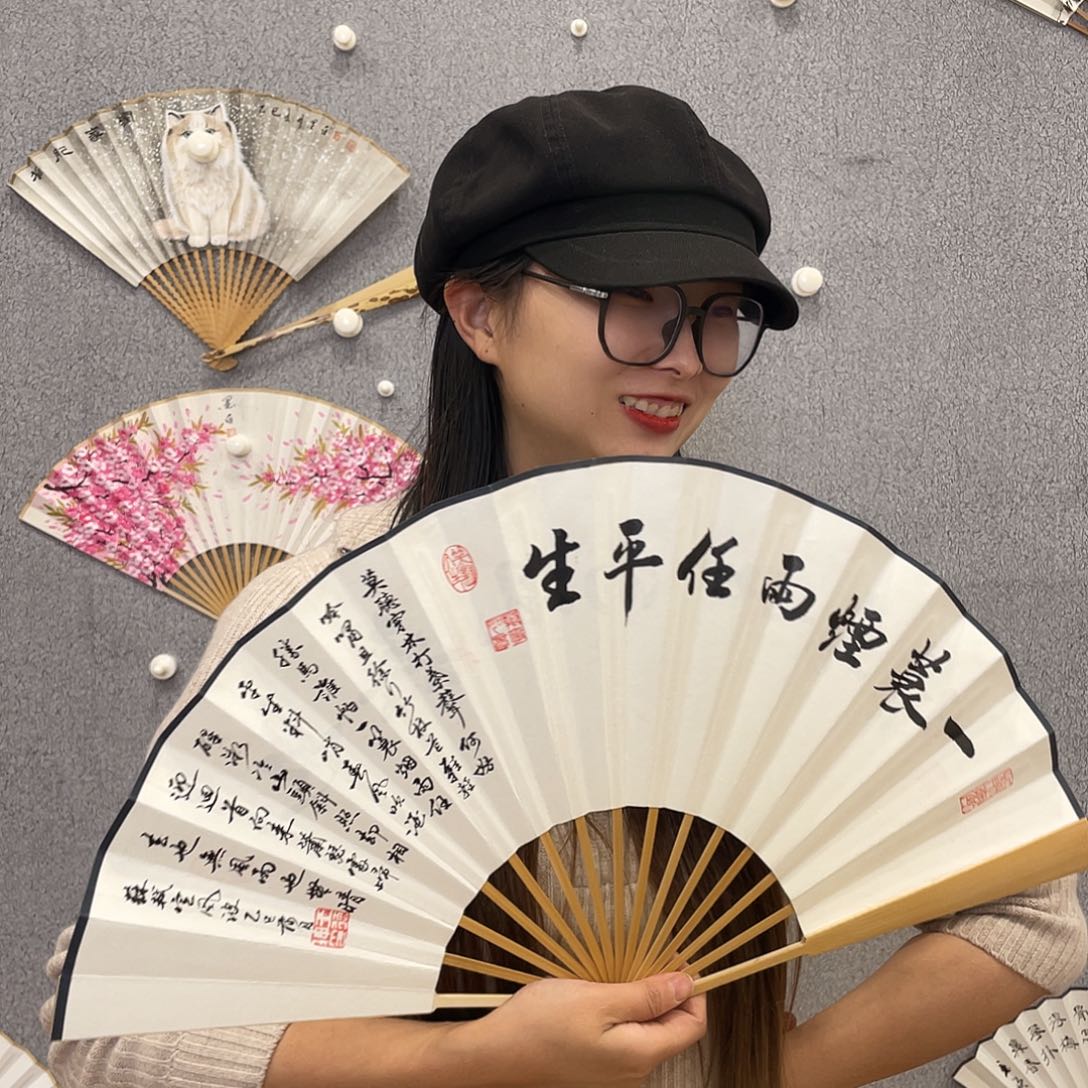 书法10寸玉竹-纯手绘-文玩扇骨（默认粘好）