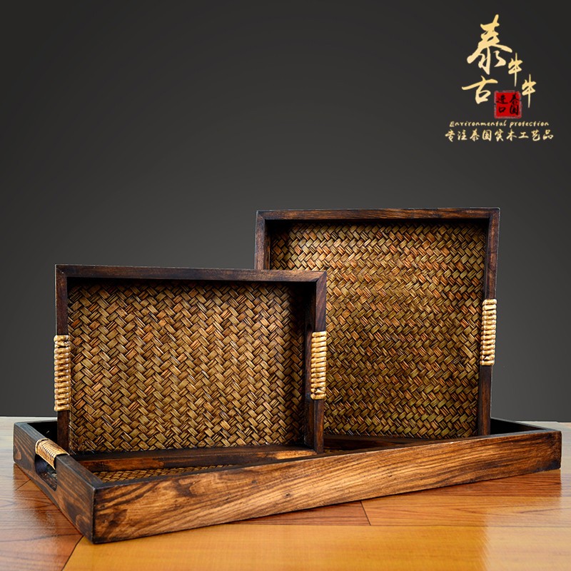 泰国平把手托盘长方形家用竹编茶盘竹编收纳盘