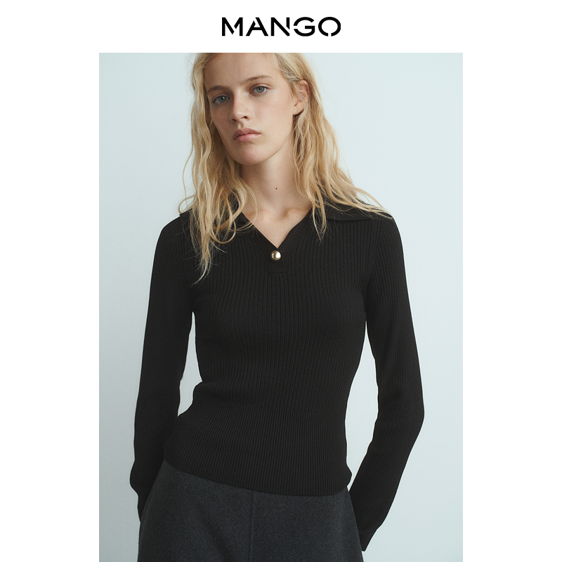 MANGO女装毛针织衫2025秋装新款翻领长袖纽扣装饰坑条纹修身毛衫