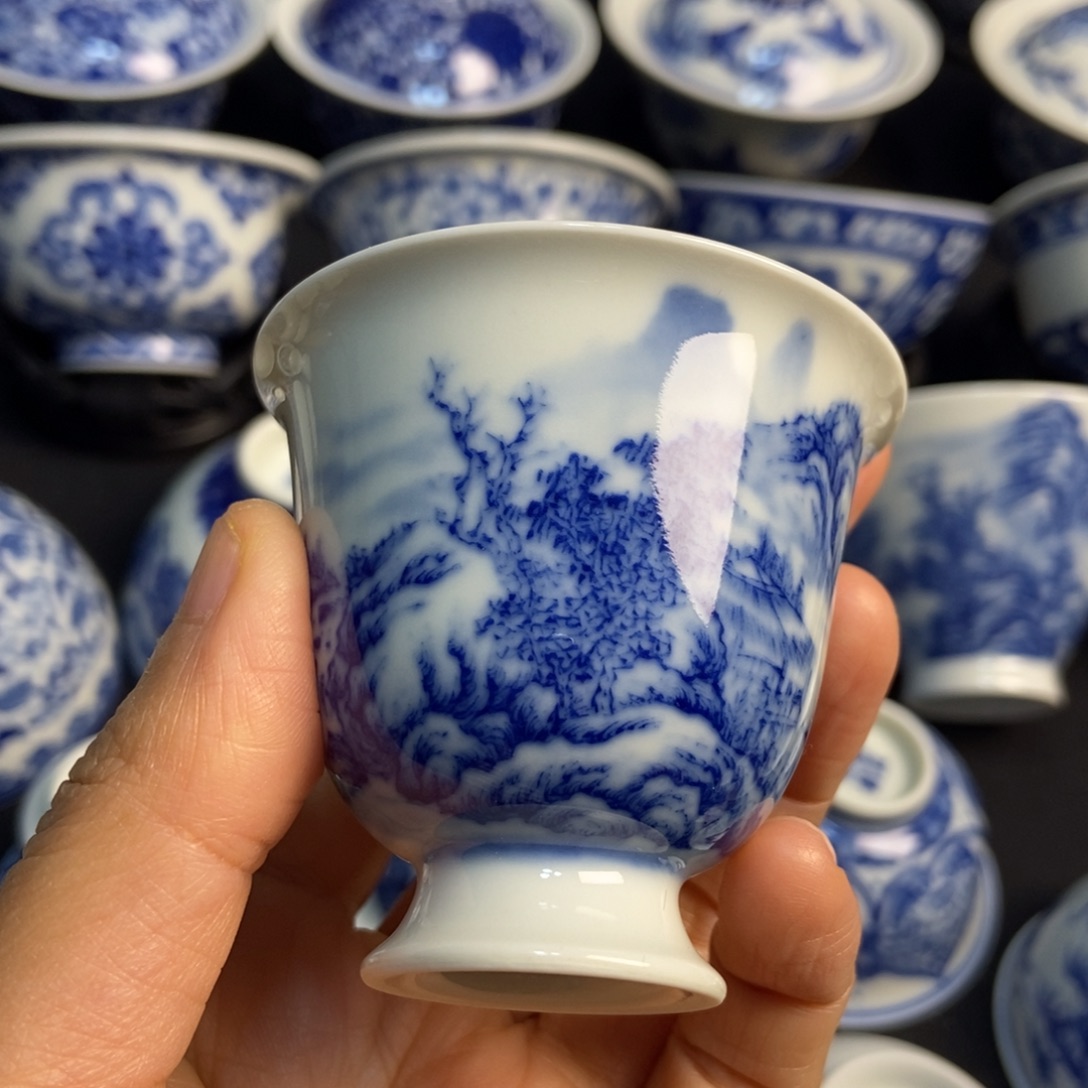 陶瓷柴青花山水闻香杯