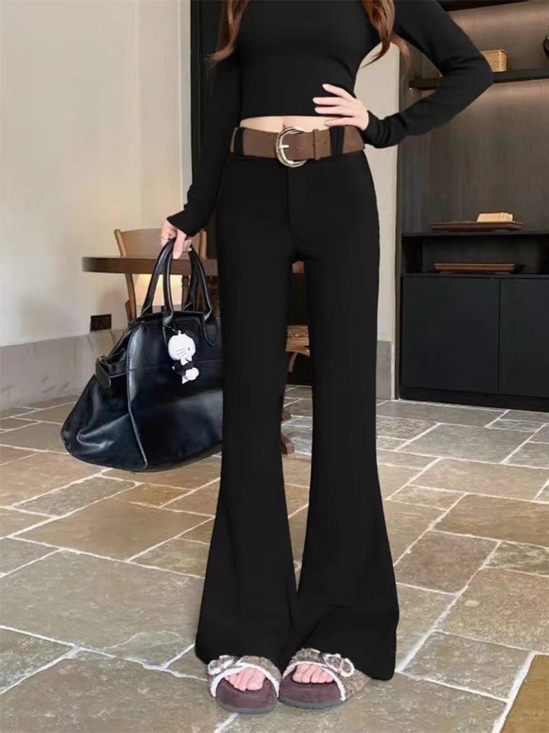 66069休闲裤高腰黑色垂感秋冬开叉喇叭裤