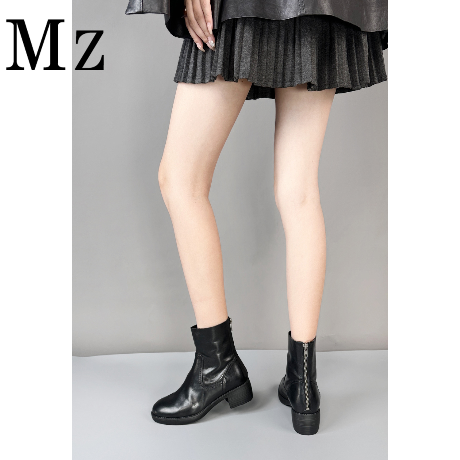 Mr.Zheng/4.5cm/后拉链圆头复古短靴秋冬新款百搭真皮裸靴女靴