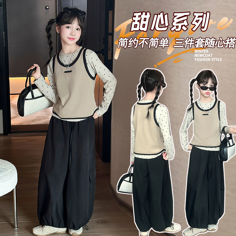 套头工装风休闲风秋季女童波点套装中大童童装宽松吸汗打底轻熟风