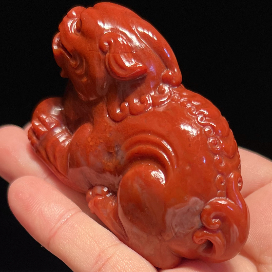 精品南红柿子红大貔貅手把件带火焰纹尺寸34x58x28.5mm