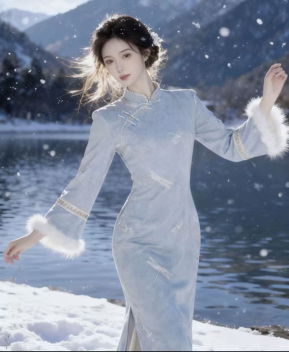 【蓝蜓】上上签冬季新款新中式修身套装旗袍日常复古优雅中国风加厚