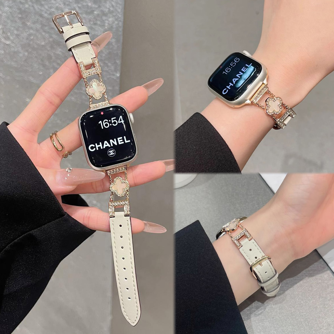 适用华为FIT4新款fit3四叶草镶钻金属真皮表带Fit4Pro高级iWatchs