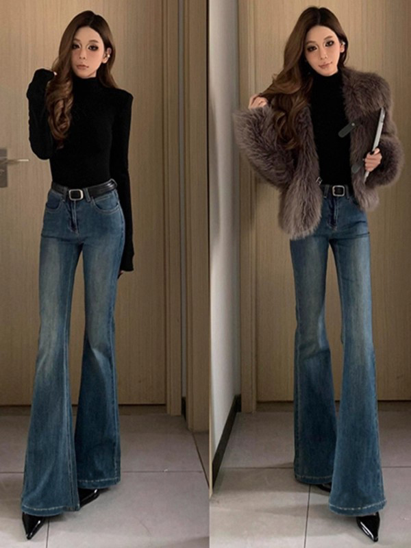 蓝色2025新款微喇牛仔裤女秋冬紧身长裤修身显瘦高腰喇叭裤子