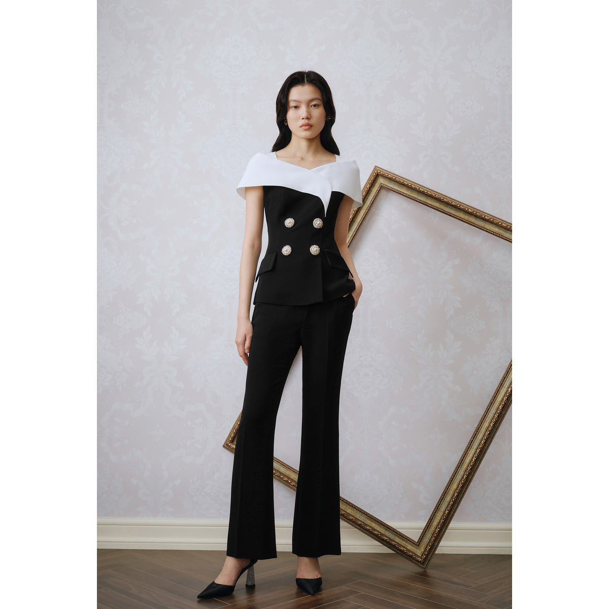 OBBLIGATO/奥丽嘉朵2023夏季金标黑色商务风直筒阔腿裤1C33220120