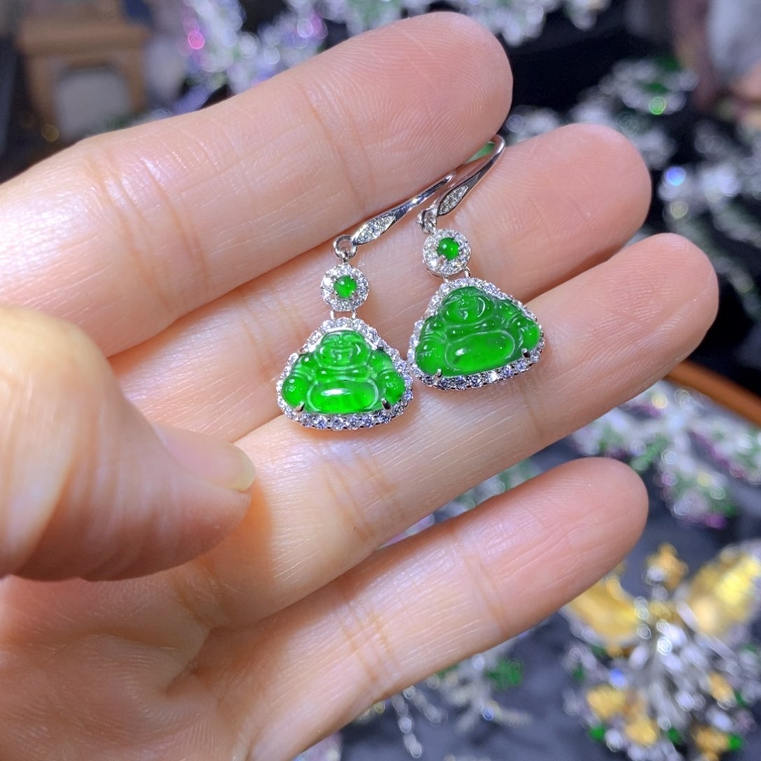 翡翠耳饰银S925镶嵌天然翡翠