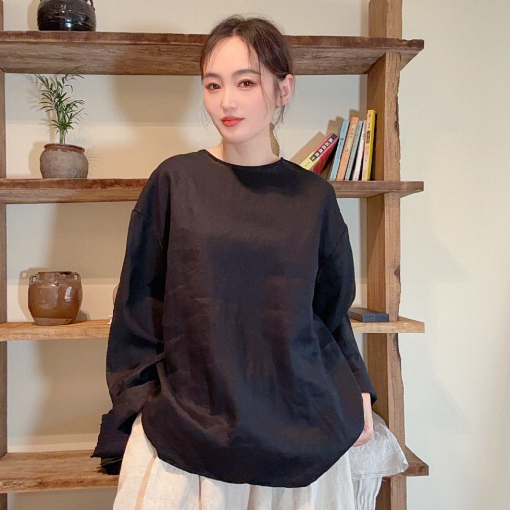 古月四时｜森系亚麻长袖慵懒风圆领春秋套头纯色