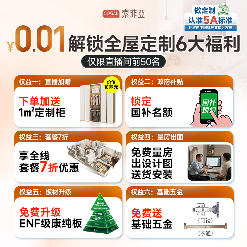 索菲亚【直播专享】全屋定制权益卡送1㎡家用高颜值家具柜子定制预约