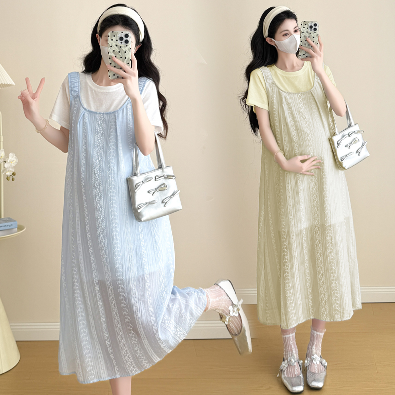 【颜若兮】孕妇装夏装2025夏季孕妇装长款T恤印花背带裙两件套