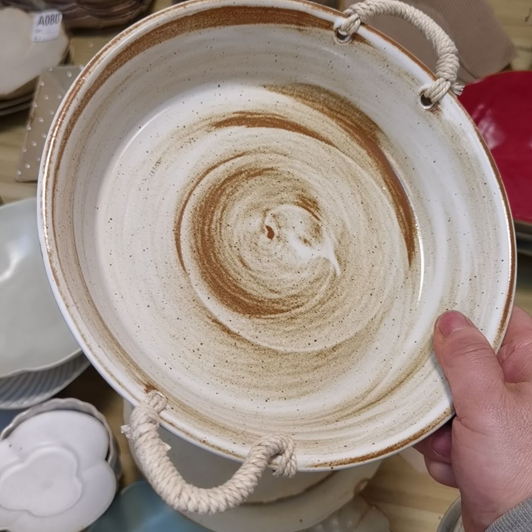 瓷片正品粗陶九寸深盘提绳一个
