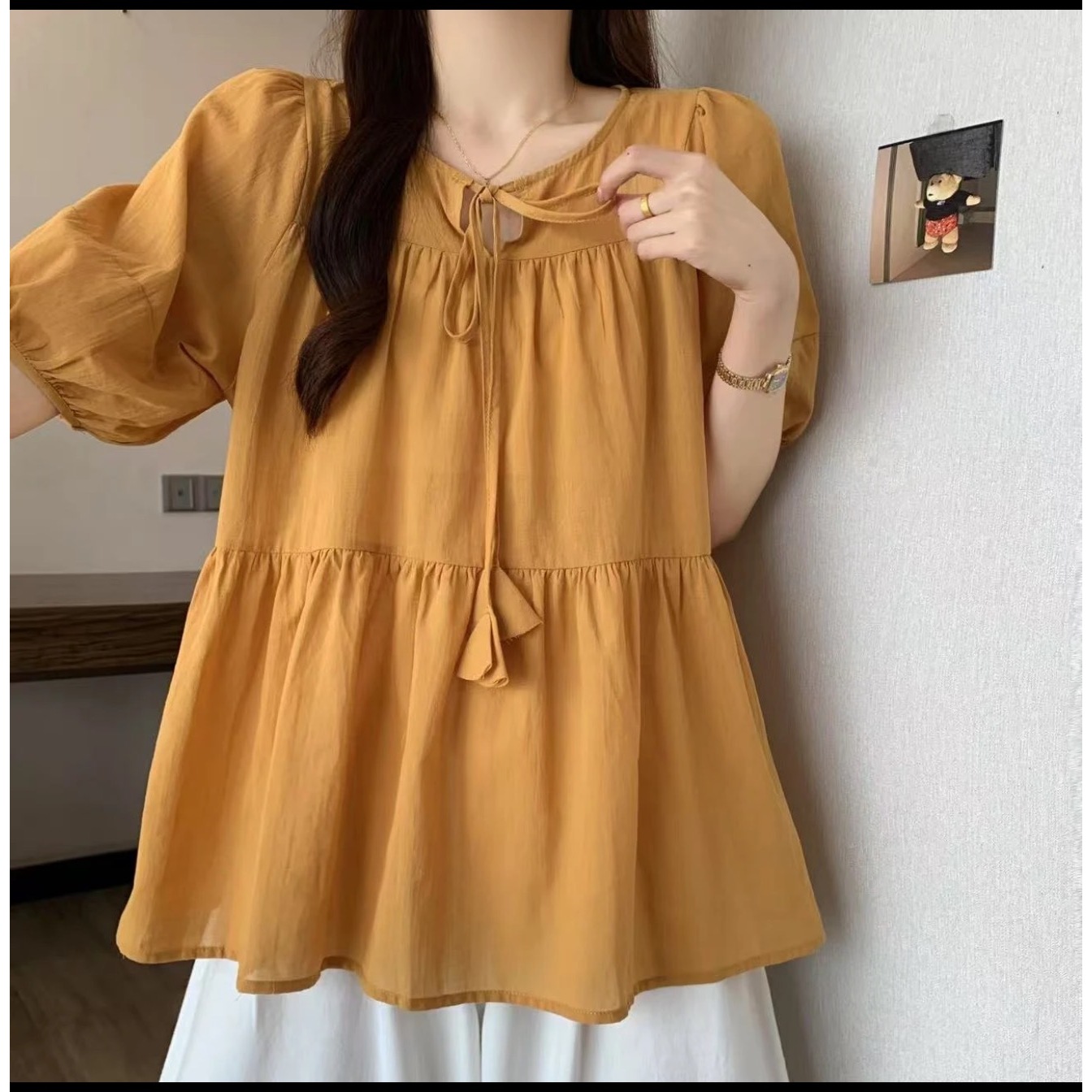 【坦姐严选 实体品质】夏季新款正反两穿麻麻料系带短袖小衫09201