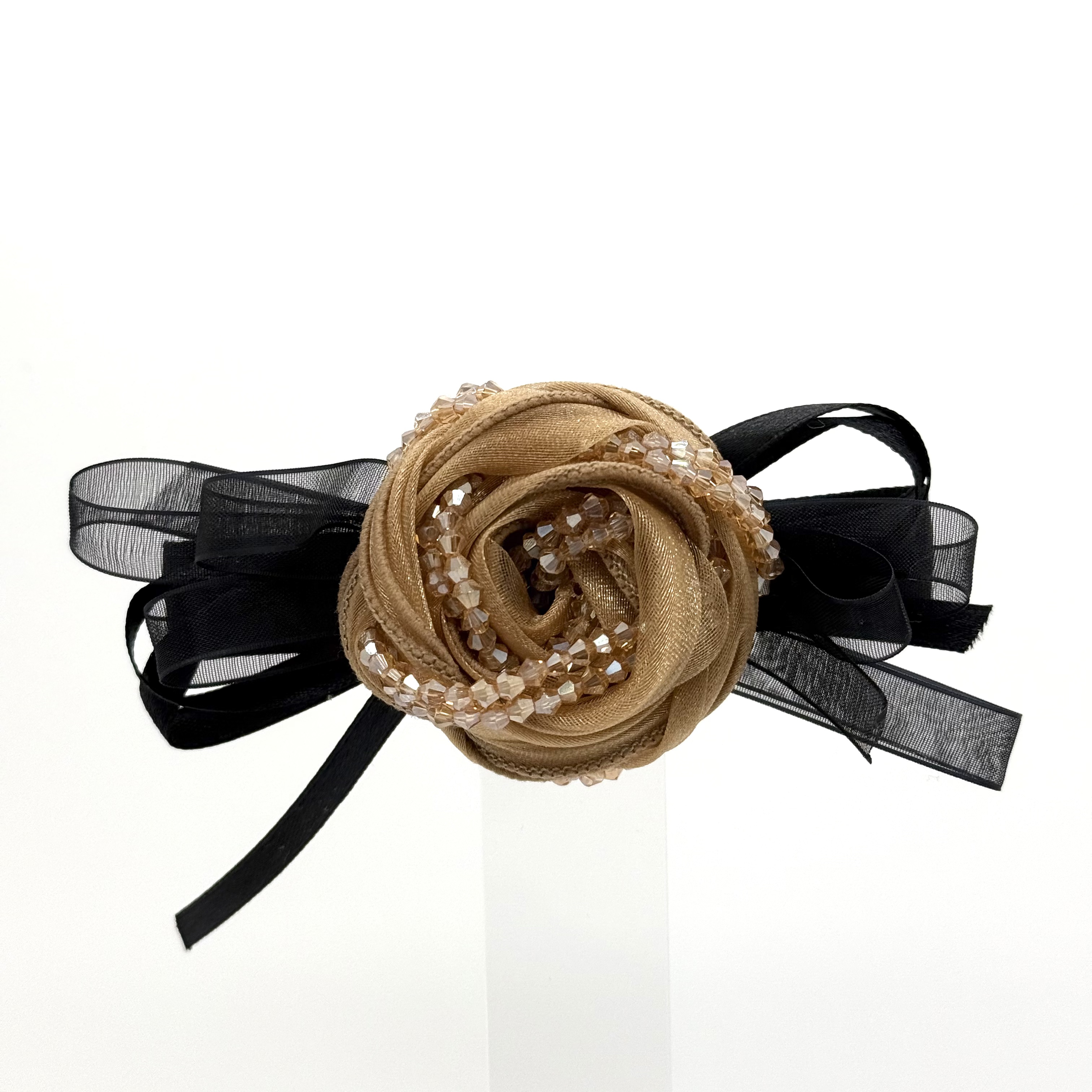 GREBUTY 6240 气质优雅【水晶玫瑰】香槟色闪闪多重丝带弹簧夹横夹