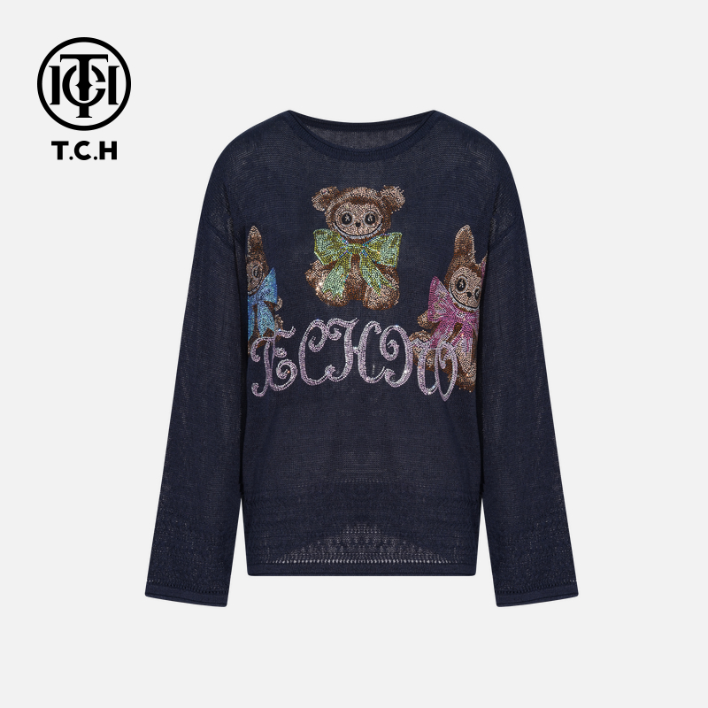 TCH烫钻工艺时尚休闲百搭松弛感针织衫女T75C09E5096轻奢tch上衣