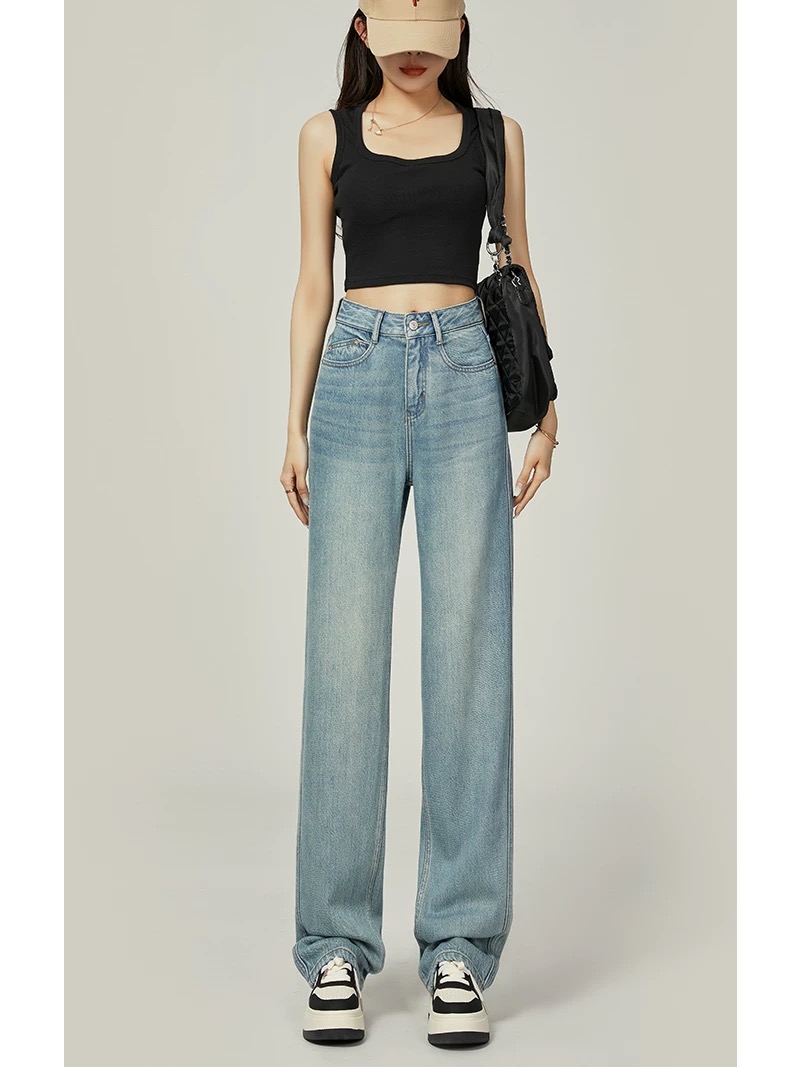 2025新春款（怀旧浅蓝）高腰显瘦遮肉窄版直筒牛仔女裤