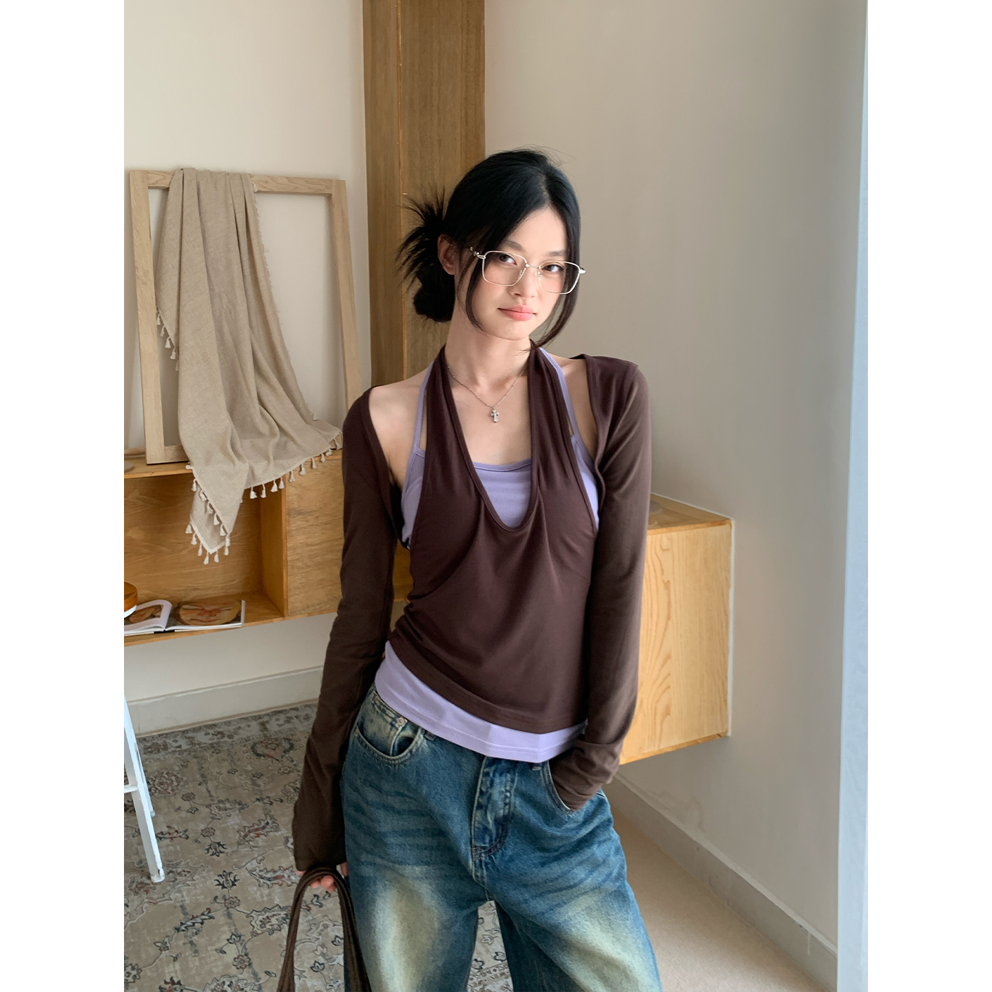 宋正恩【现货清仓】紫拼咖假两件吊带背款修身时尚洋气高级AA26296