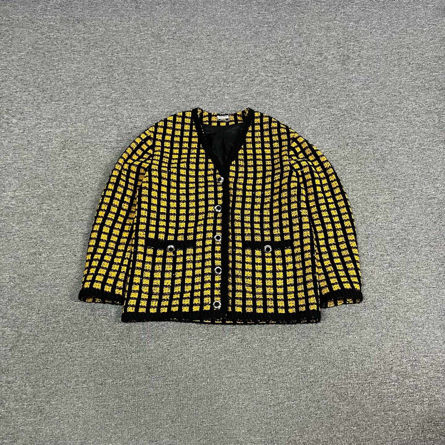 99新 MIU MIU/缪缪 黄色 格纹 小香风 针织 开衫 42码