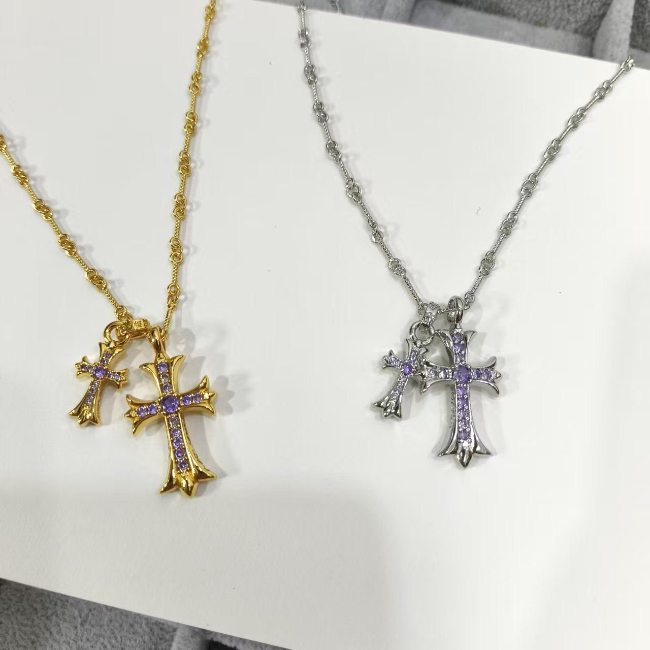 铜合金锆石项链 【金色紫色双十字】精工潮酷个性时尚项链链子饰品