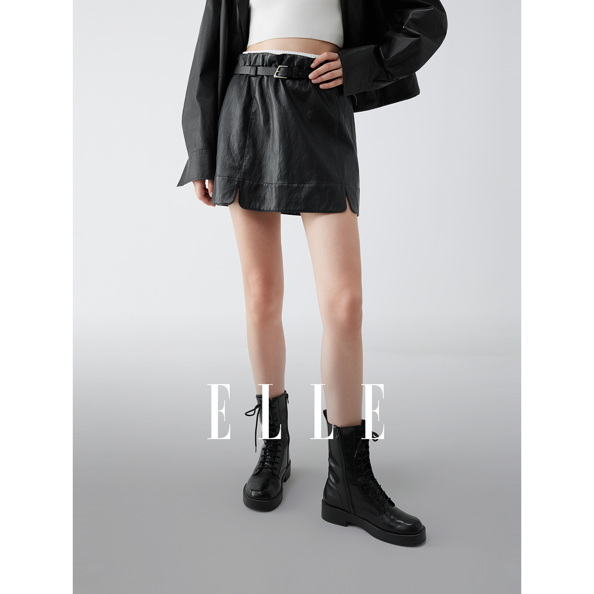 ELLE女装半身裙2025秋季新款设计PU皮通勤a字短裙皮裙ER52543