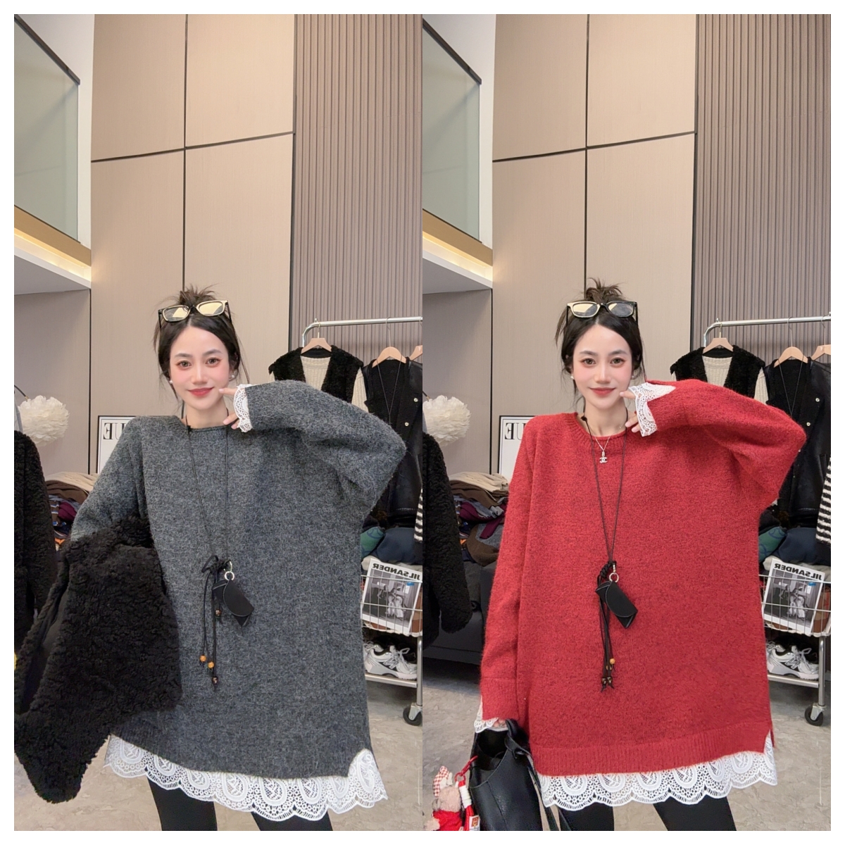 【一眼沦陷】温柔蕾丝~秋冬上新蕾丝拼接圆领针织中长款长袖毛衣