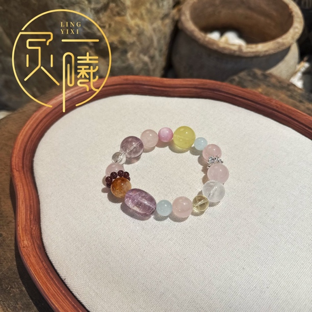 《多宝》紫黄白水晶15mm+粉水晶13mm+海蓝宝黄水晶10mm女款
