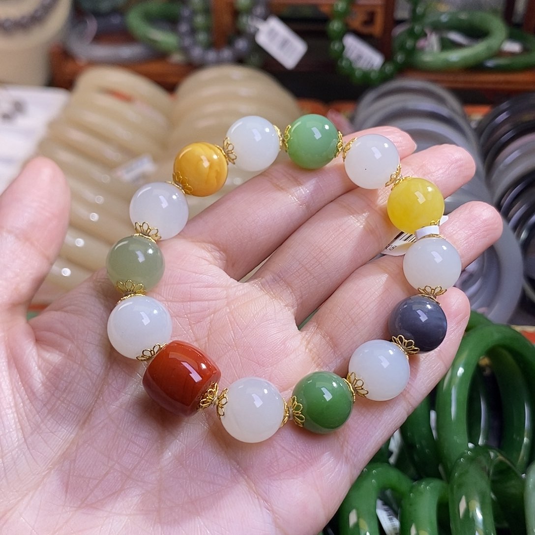 和田玉毕业级收藏多宝金镶圆珠手串12m未镶嵌