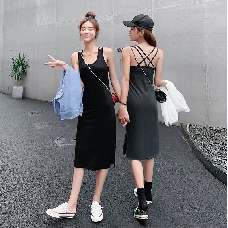 荡领chic吊带裙女夏季吊带连衣裙打底裙内搭裙子夏性感露背心机小