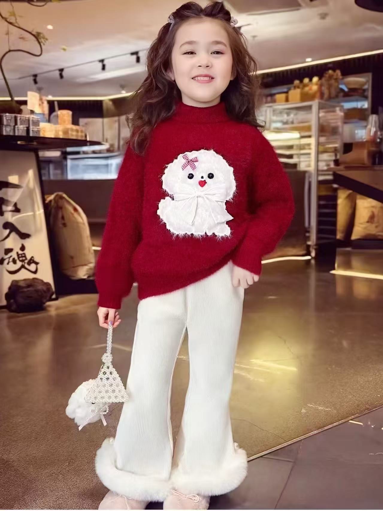秋冬法式红色女童针织衫冬季套头毛衣卡通动漫时尚加绒加厚89