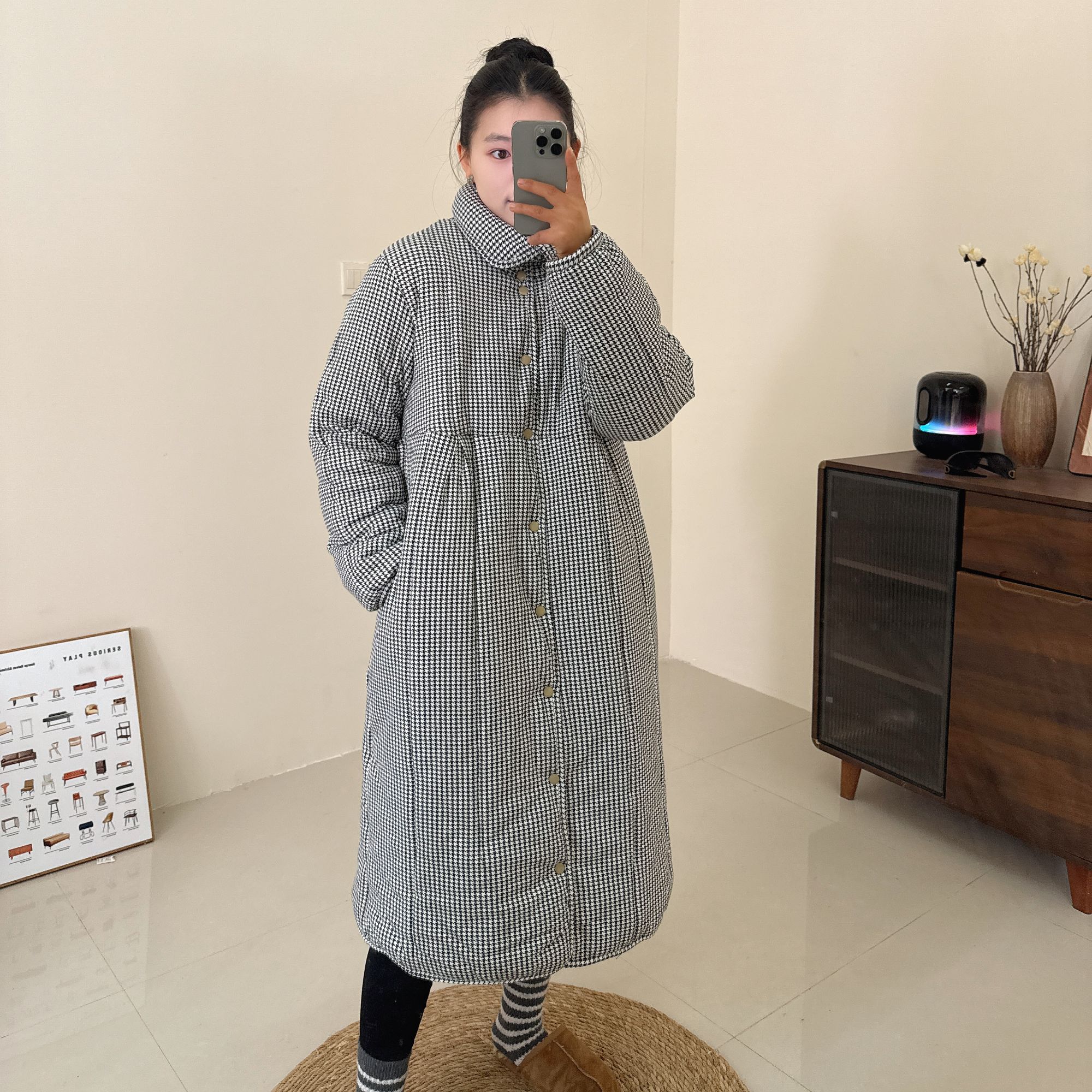 【千鸟格A版长款】300g立领大长款宽松韩版冬家居服保暖厚款棉花衣