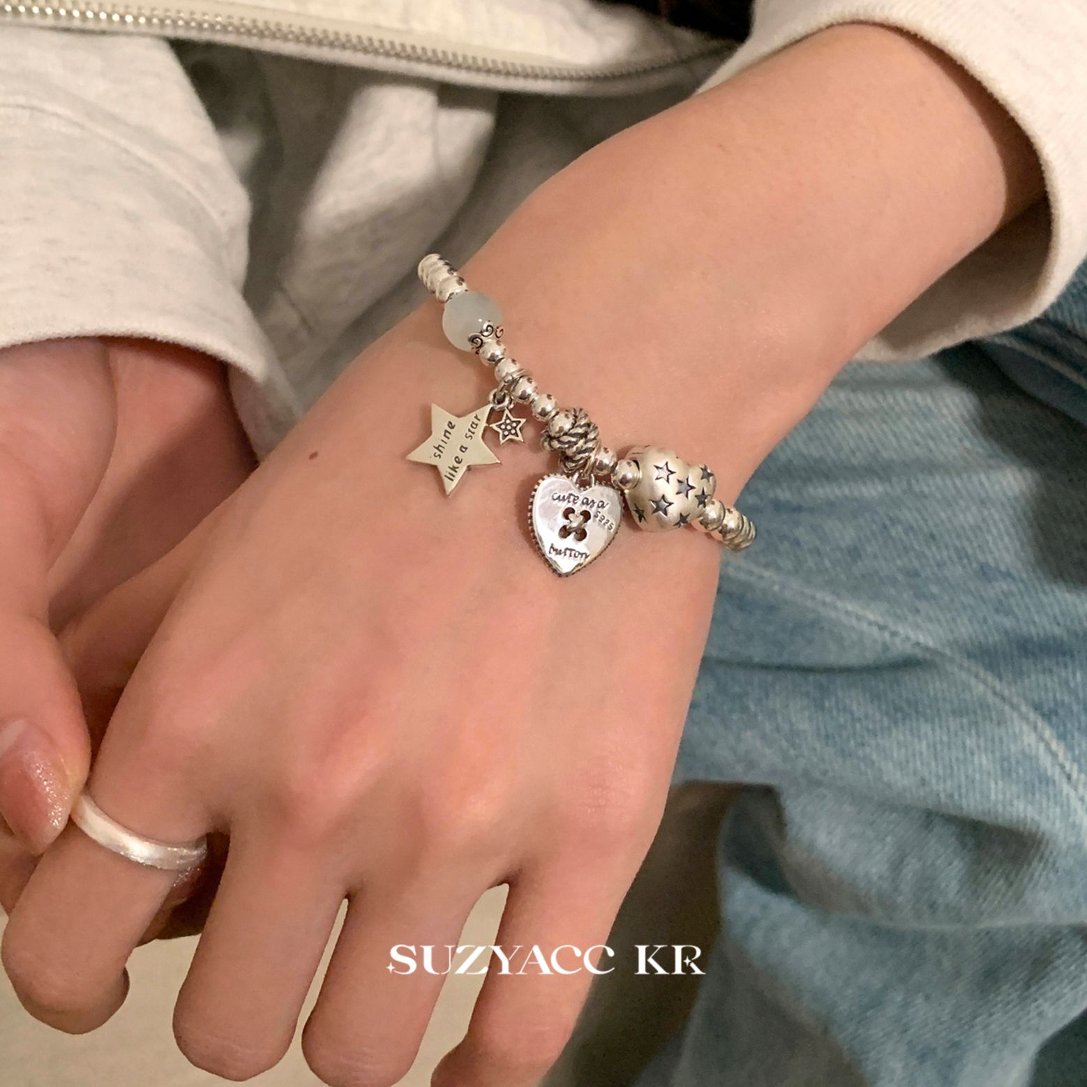 Suzyacc Kr 925银手链 串珠爱心星星手链C2155