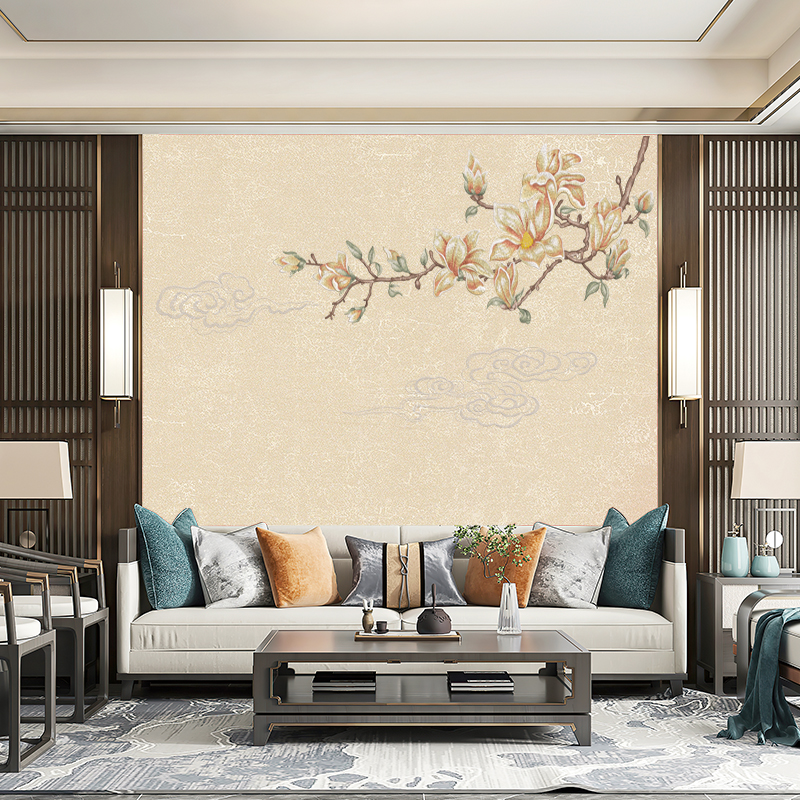 独绣刺绣无缝壁布花鸟玉兰花香客厅电视沙发背景墙布新中式独秀