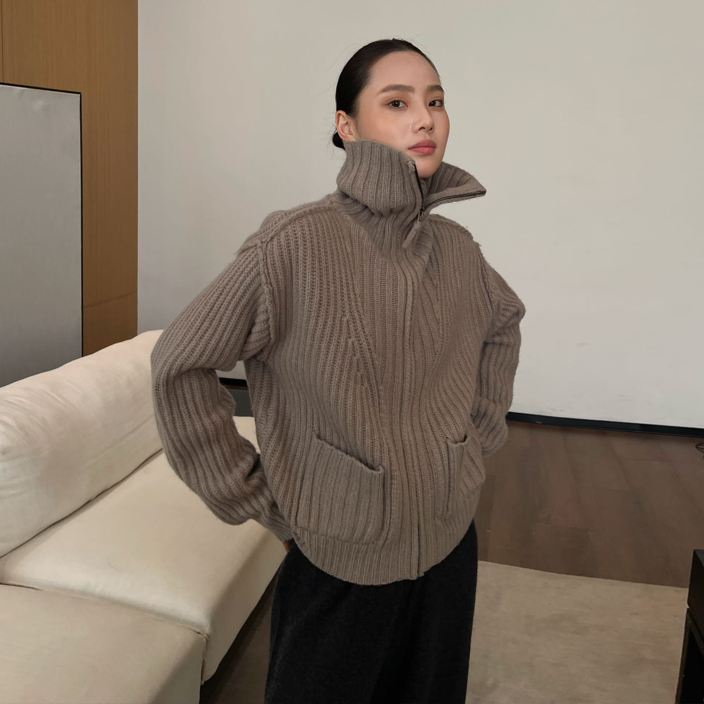 PURITYYH小众极简遮肉显瘦慵懒羊毛针织开衫秋冬宽松高领毛衣外套