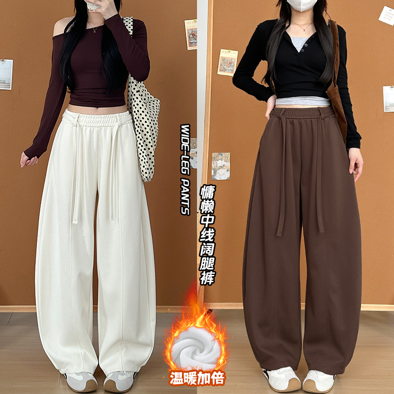 美式米灰色抽绳弯刀裤女秋季2025新款高腰窄版阔腿裤宽松休闲卫裤