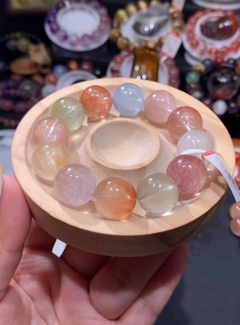 天然水晶手磨珠彩兔毛手链16mm