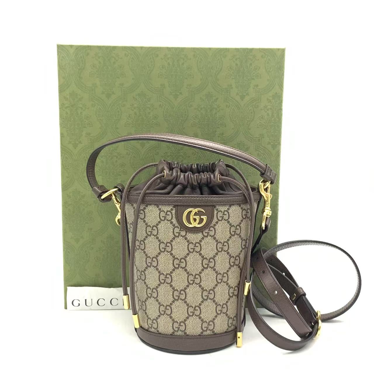 99新 GUCCI/古驰  新款老花小号抽绳水桶包/