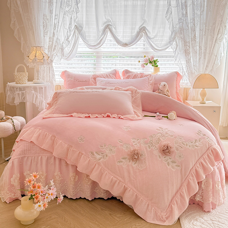 法式公主风加厚全消光牛奶绒床盖款四件套加绒花边被套单品套件