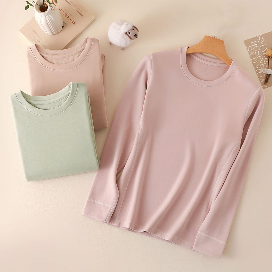 女士保暖中厚磨毛羊毛莱赛尔德绒发热套装女款圆领贴身秋衣秋裤