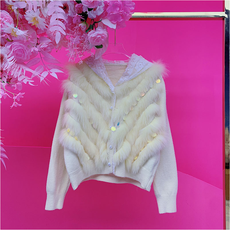A5315欧美设计师2025冬季新款流苏亮片拼蕾丝帽子狐狸毛针织开衫