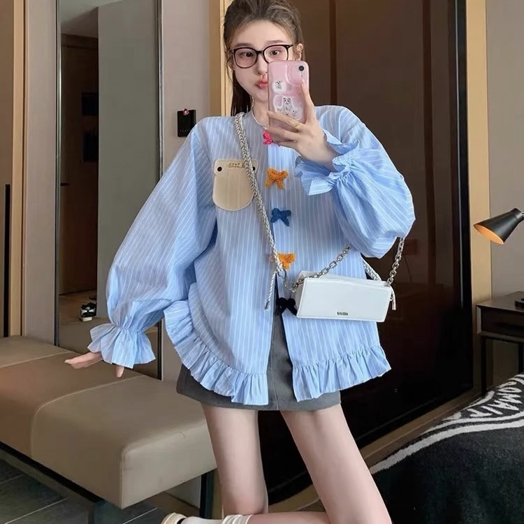 蓝色条纹蝴蝶结衬衫女早春新款2025设计感法式高级感轻奢欧货上衣
