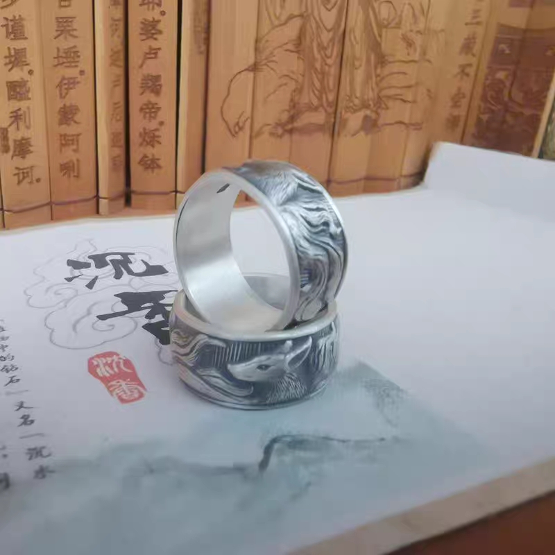 足银戒指 纯银9999九尾狐戒指宽版重工食指戒复古轻奢男女招指环