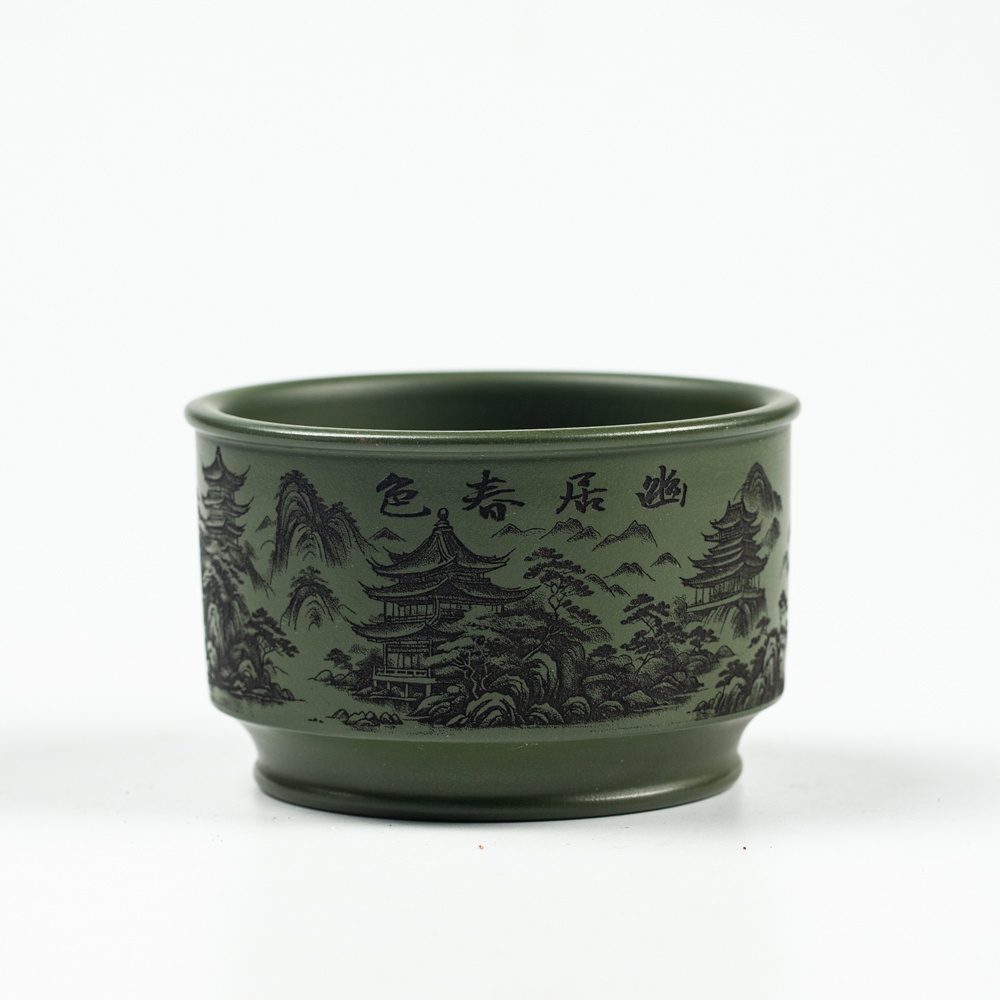 宜兴原矿绿泥刻绘山水紫砂主人杯140毫升纯手工茶杯德钟杯紫砂杯