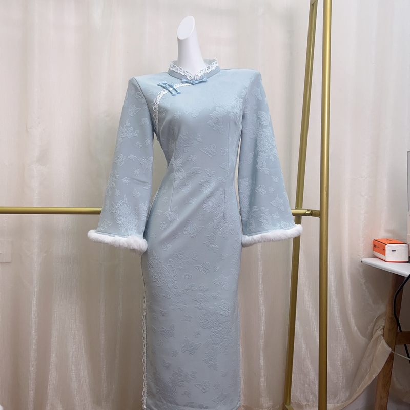 V-3383 清亭 针织提花 冬款加绒加厚年轻款改良旗袍120长款