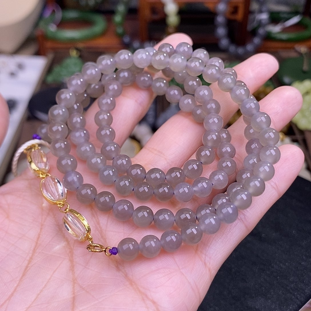 和田玉烟紫清货价项链约6MM未镶嵌