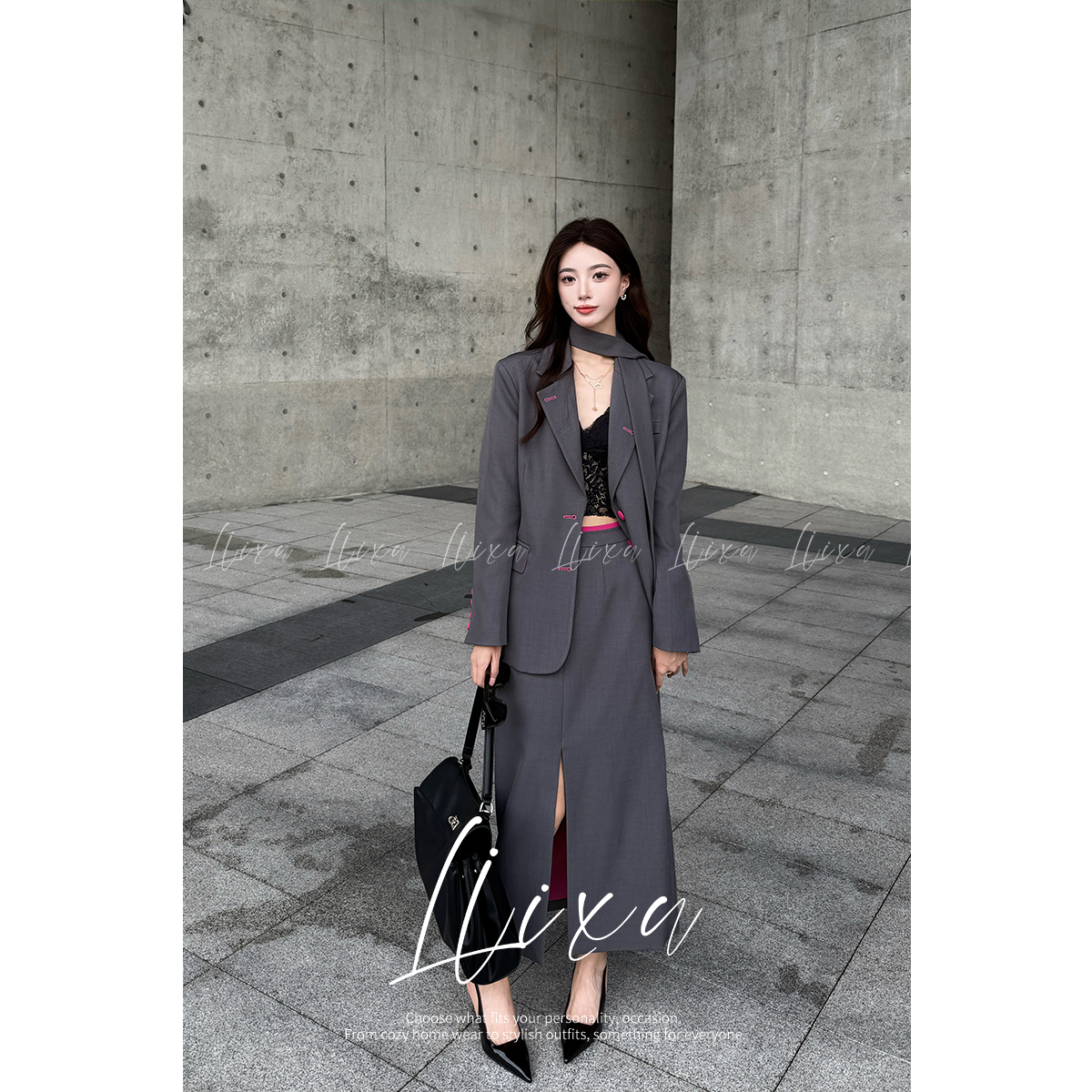 Liixu高级感灰粉撞色显瘦时尚西装外套半身裙三件套L51TZ010